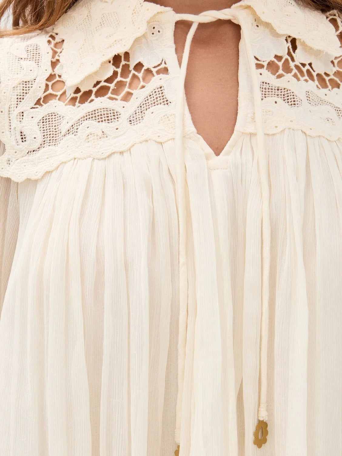 Crinkle Pleated Lace Tie-Collar Blouse - Tops