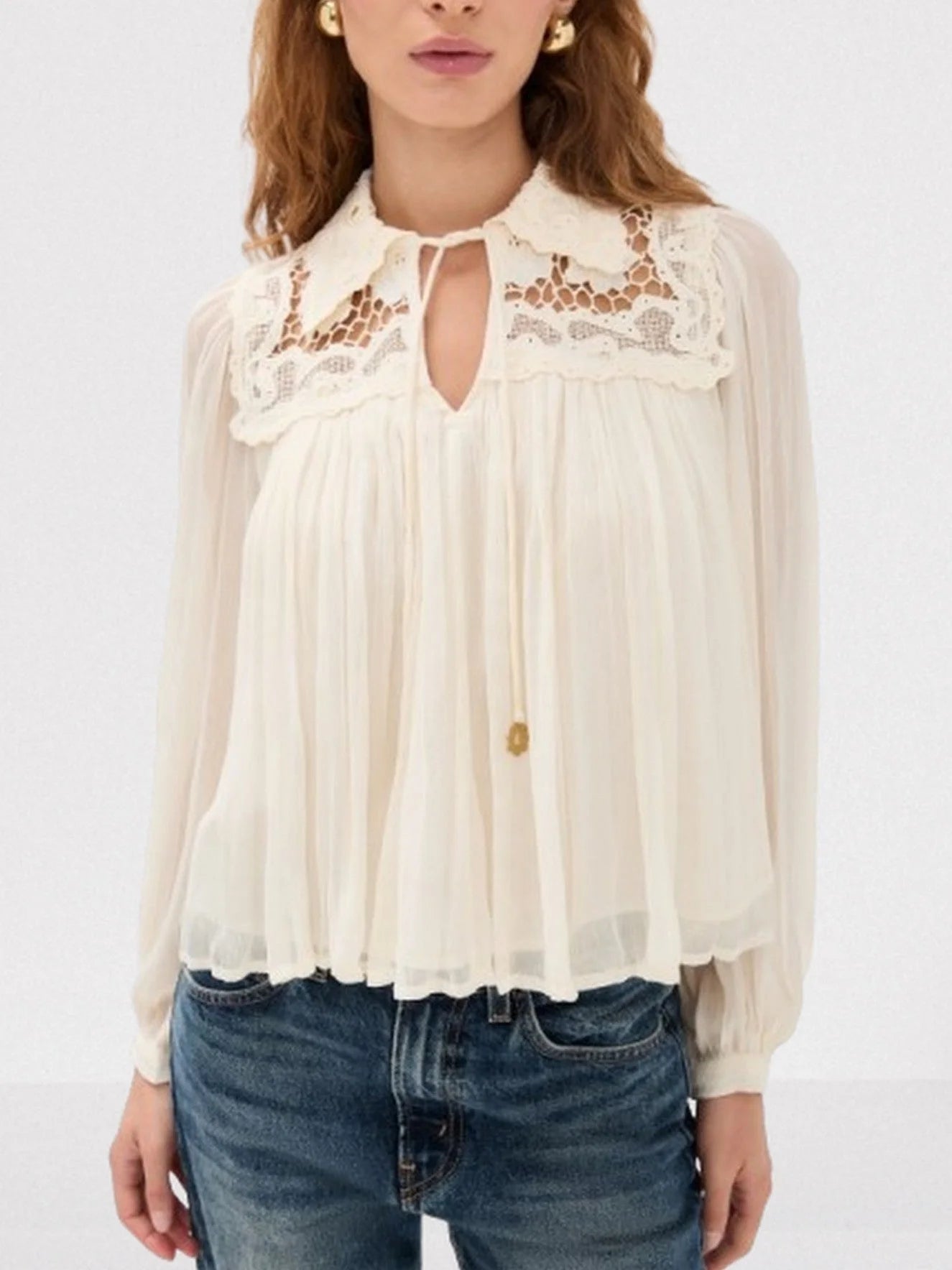 Crinkle Pleated Lace Tie-Collar Blouse - Tops