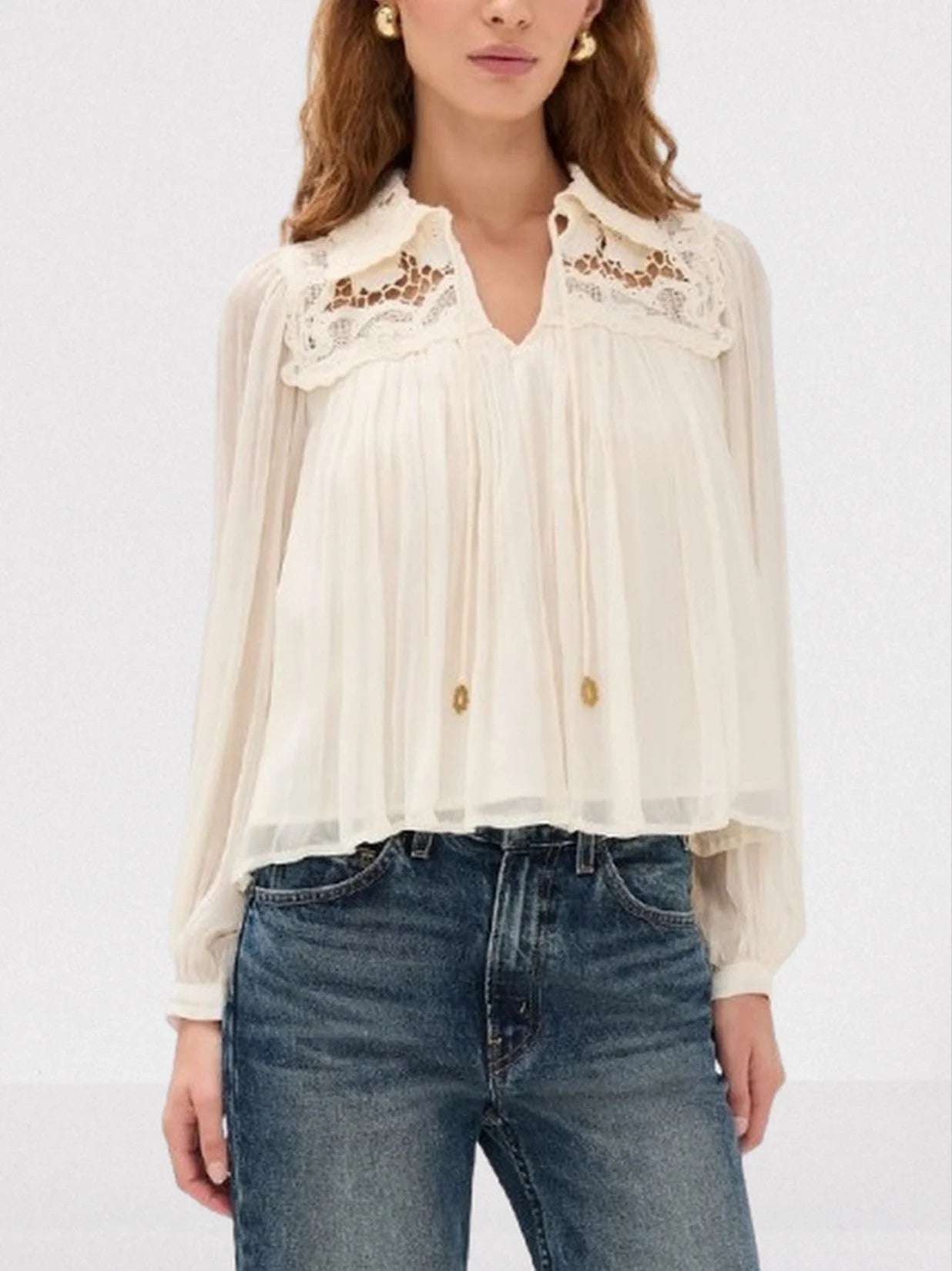 Crinkle Pleated Lace Tie-Collar Blouse - Tops