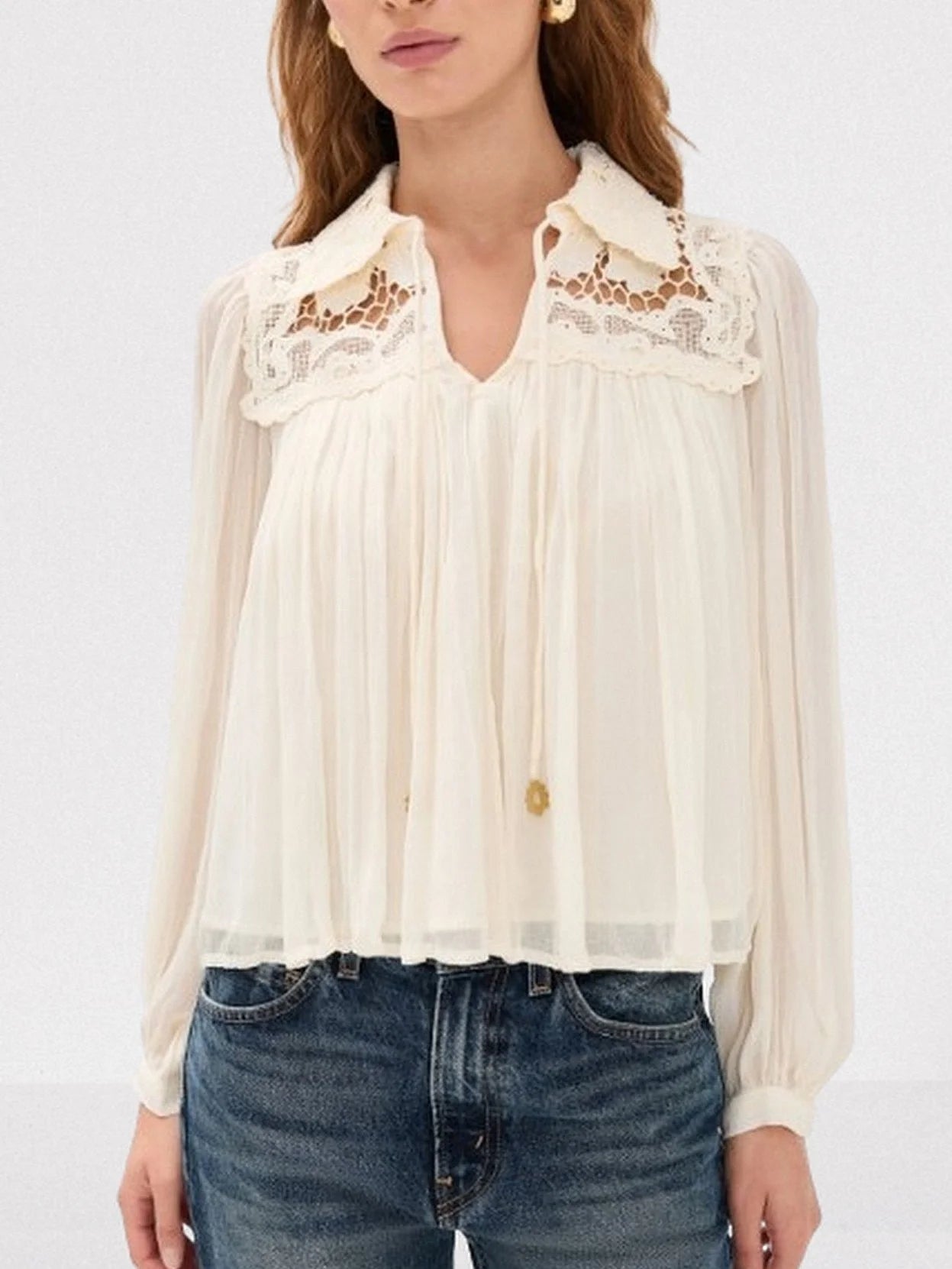 Crinkle Pleated Lace Tie-Collar Blouse - Tops