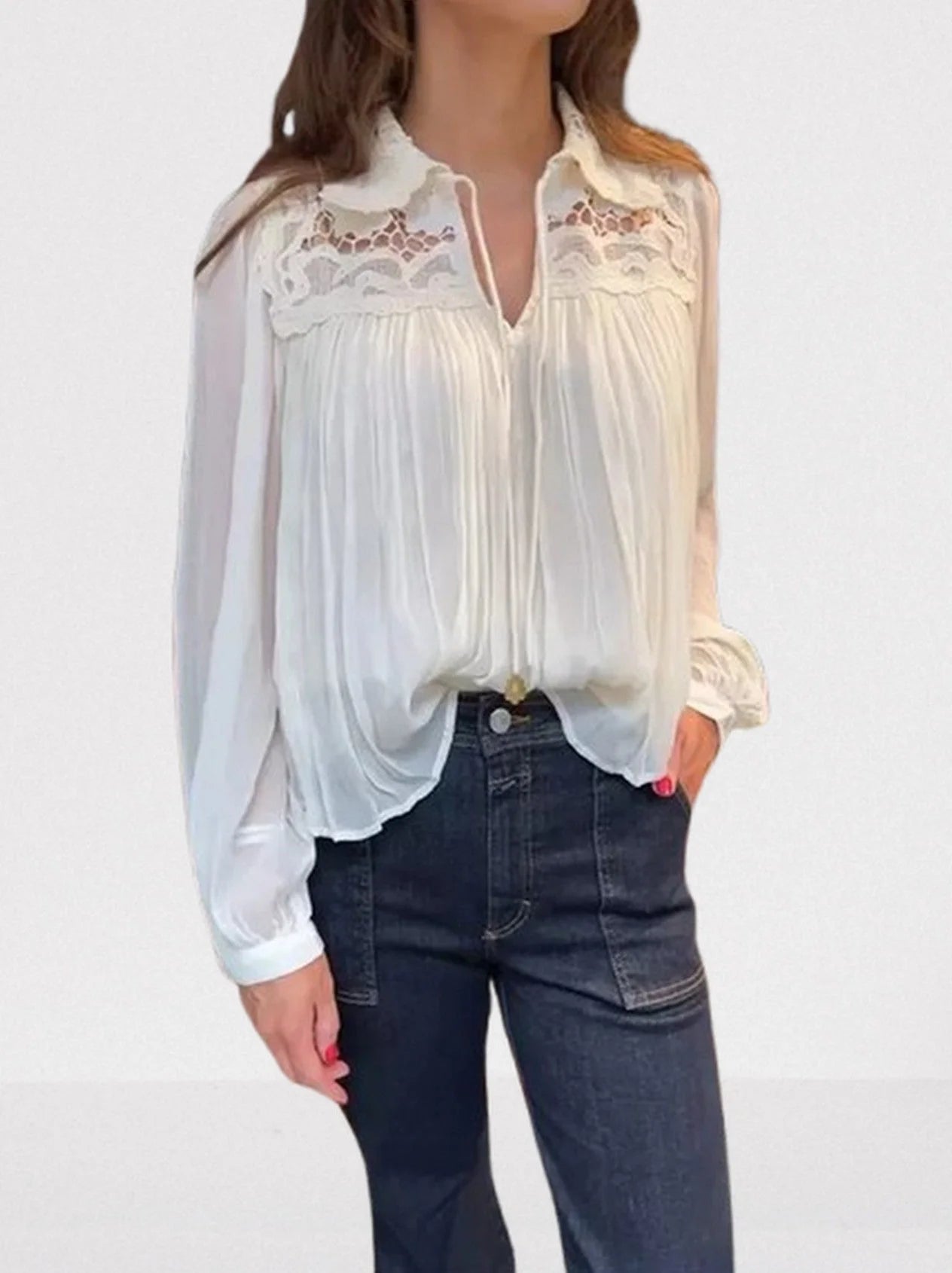 Crinkle Pleated Lace Tie-Collar Blouse - Tops
