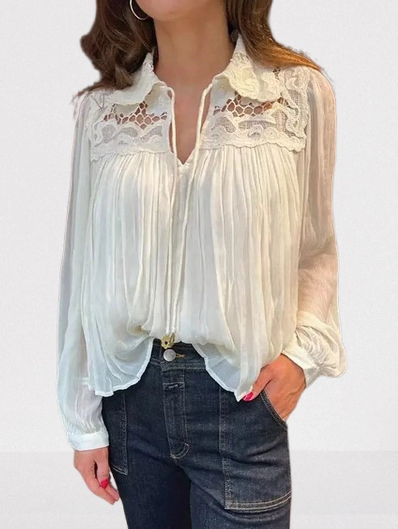 Crinkle Pleated Lace Tie-Collar Blouse - Tops