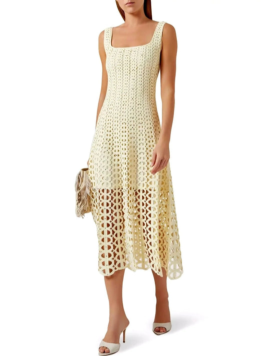Crochet Cut-Out Yellow Midi Dress with Rhinestones - Dresses