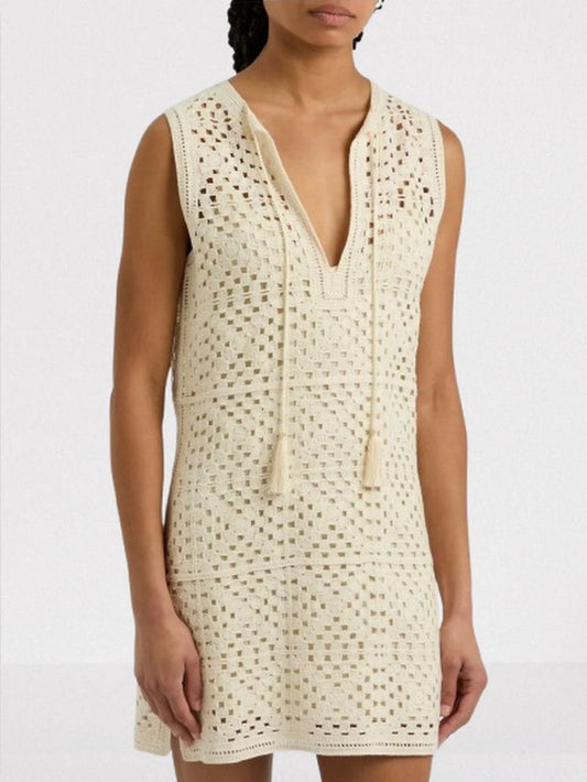 Crochet Knit Mini Dress in Ivory - Dresses