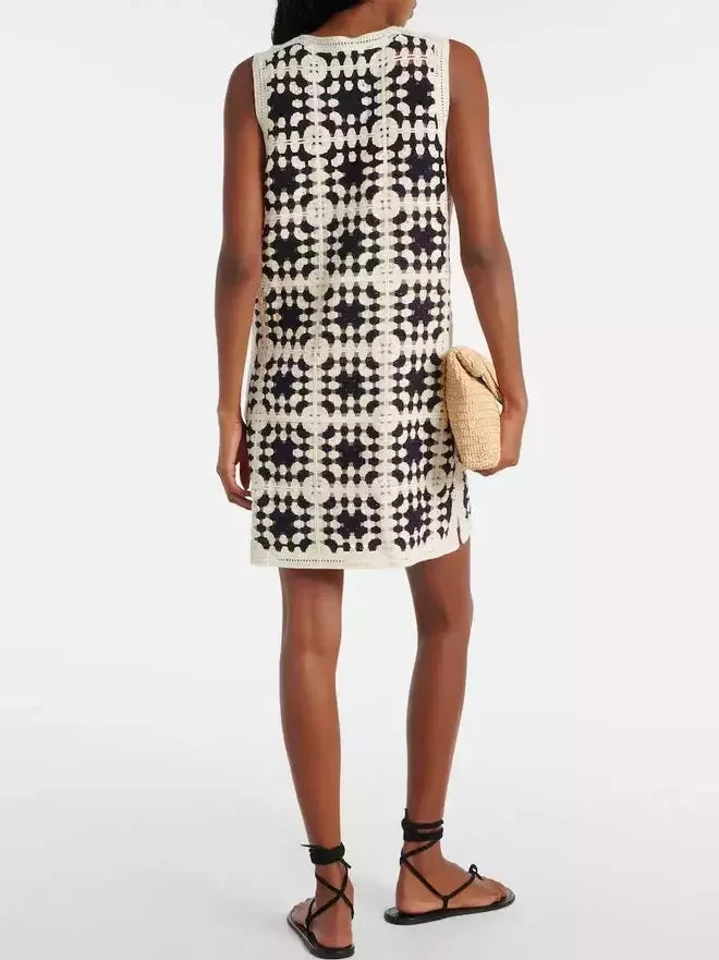Crochet Knit Mini Dress in Ivory and Black - Dresses