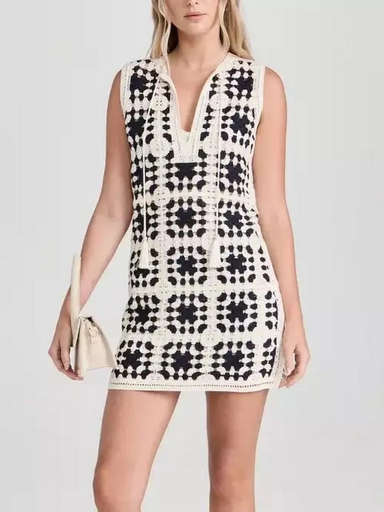 Crochet Knit Mini Dress in Ivory and Black - Dresses