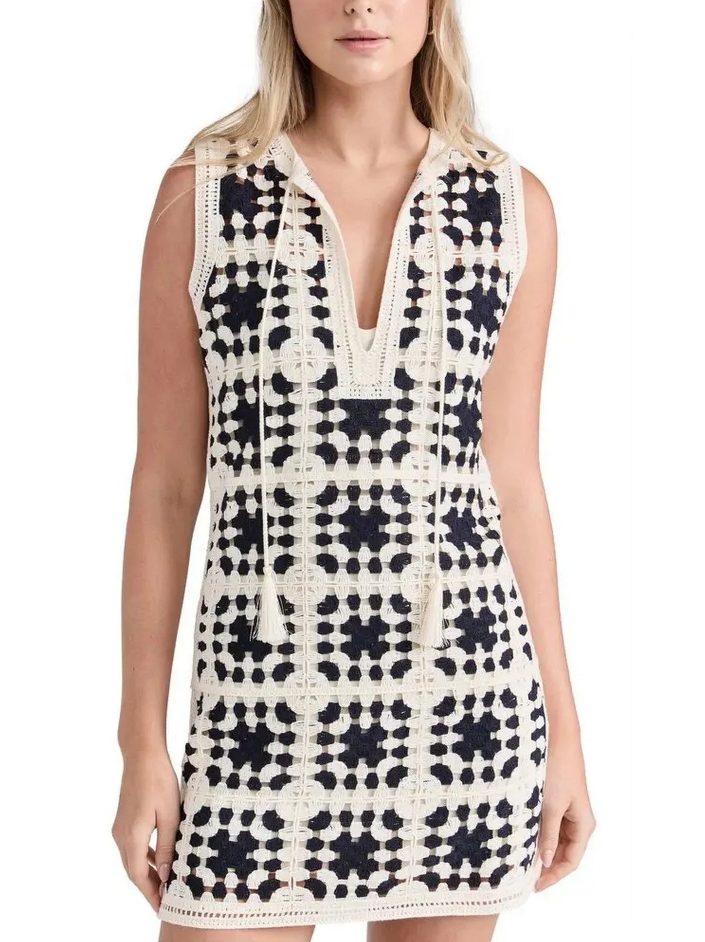 Crochet Knit Mini Dress in Ivory and Black - Dresses