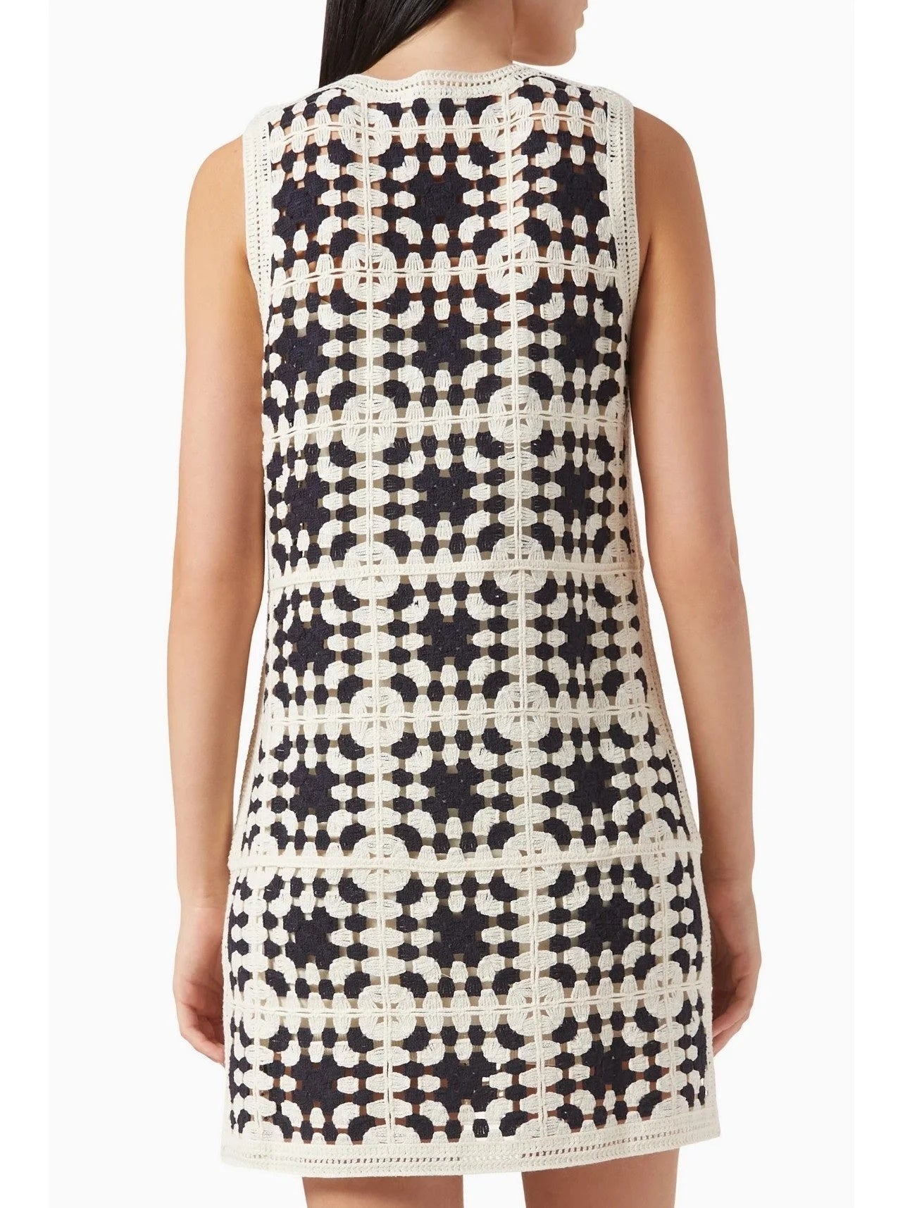 Crochet Knit Mini Dress in Ivory and Black - Dresses