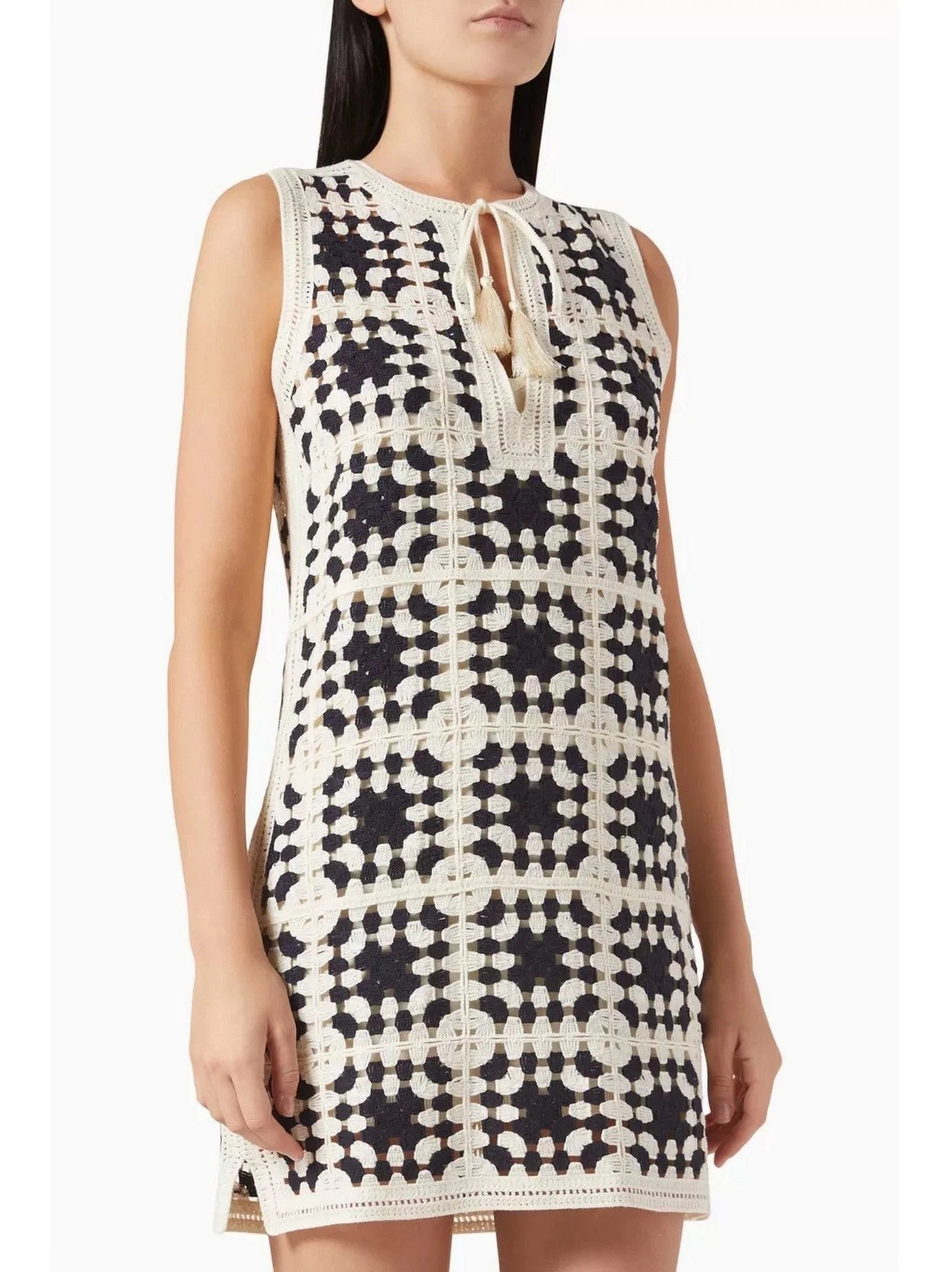 Crochet Knit Mini Dress in Ivory and Black - Dresses