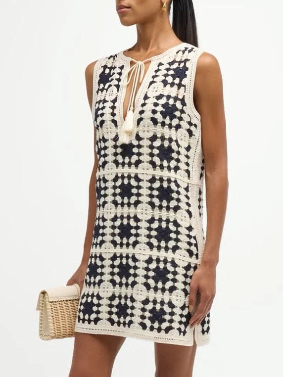 Crochet Knit Mini Dress in Ivory and Black - Dresses