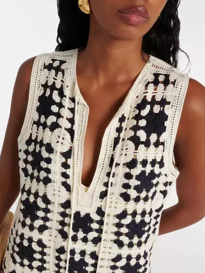 Crochet Knit Mini Dress in Ivory and Black - Dresses