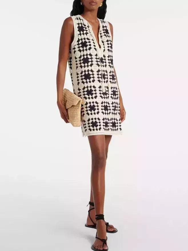 Crochet Knit Mini Dress in Ivory and Black - Dresses