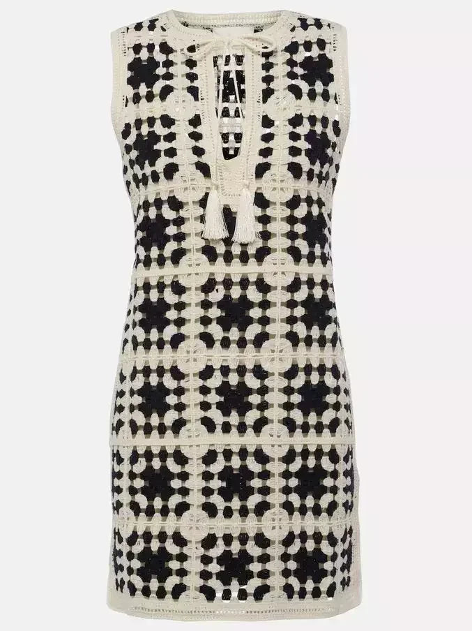 Crochet Knit Mini Dress in Ivory and Black - Dresses