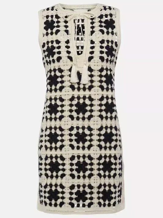 Crochet Knit Mini Dress in Ivory and Black - Dresses