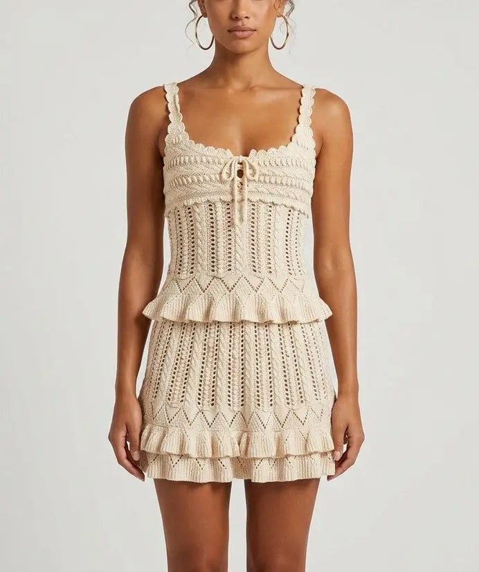 Crochet Knit Top and Ruffle Mini Skirt Set - Suits & Sets