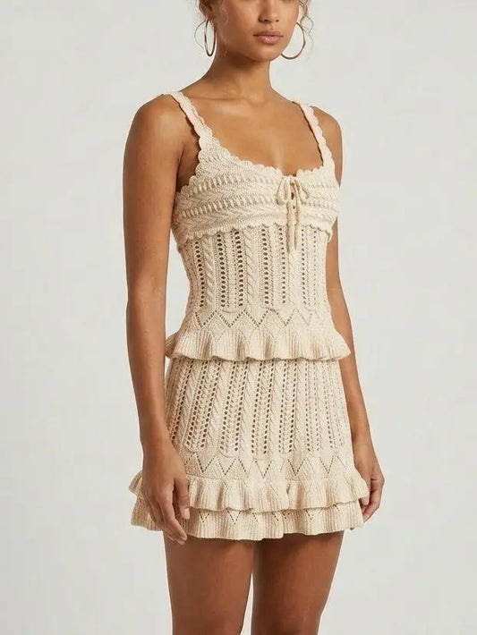 Crochet Knit Top and Ruffle Mini Skirt Set - Suits & Sets
