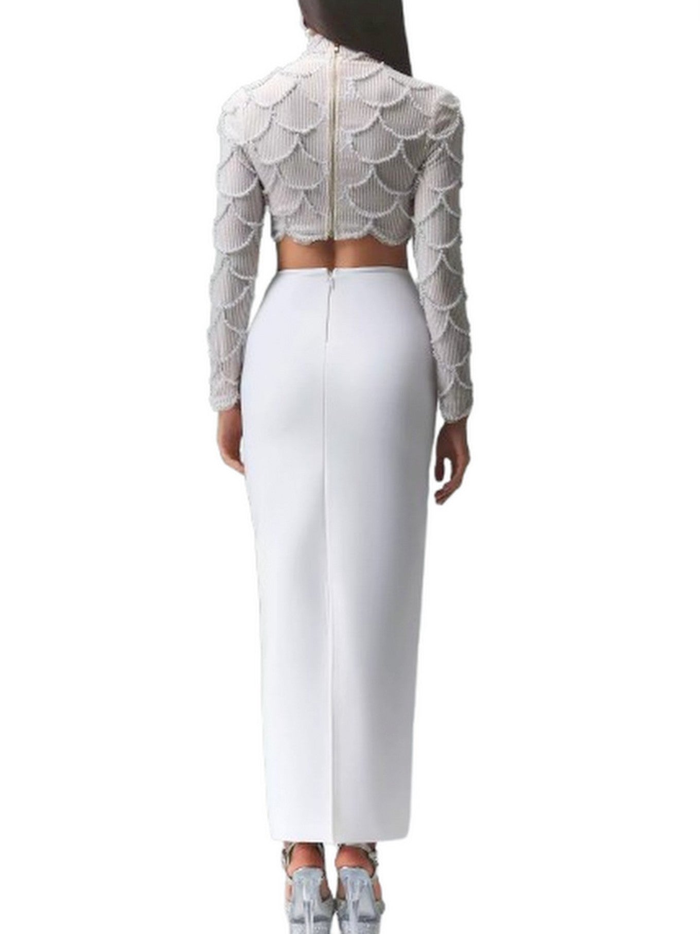 Cropped Embellished Top and Skirt Set in White - Suits & Sets
