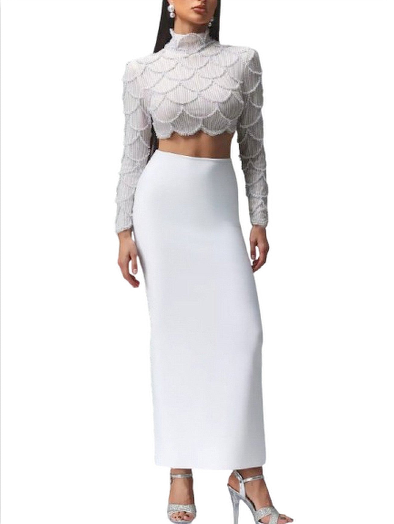 Cropped Embellished Top and Skirt Set in White - Suits & Sets