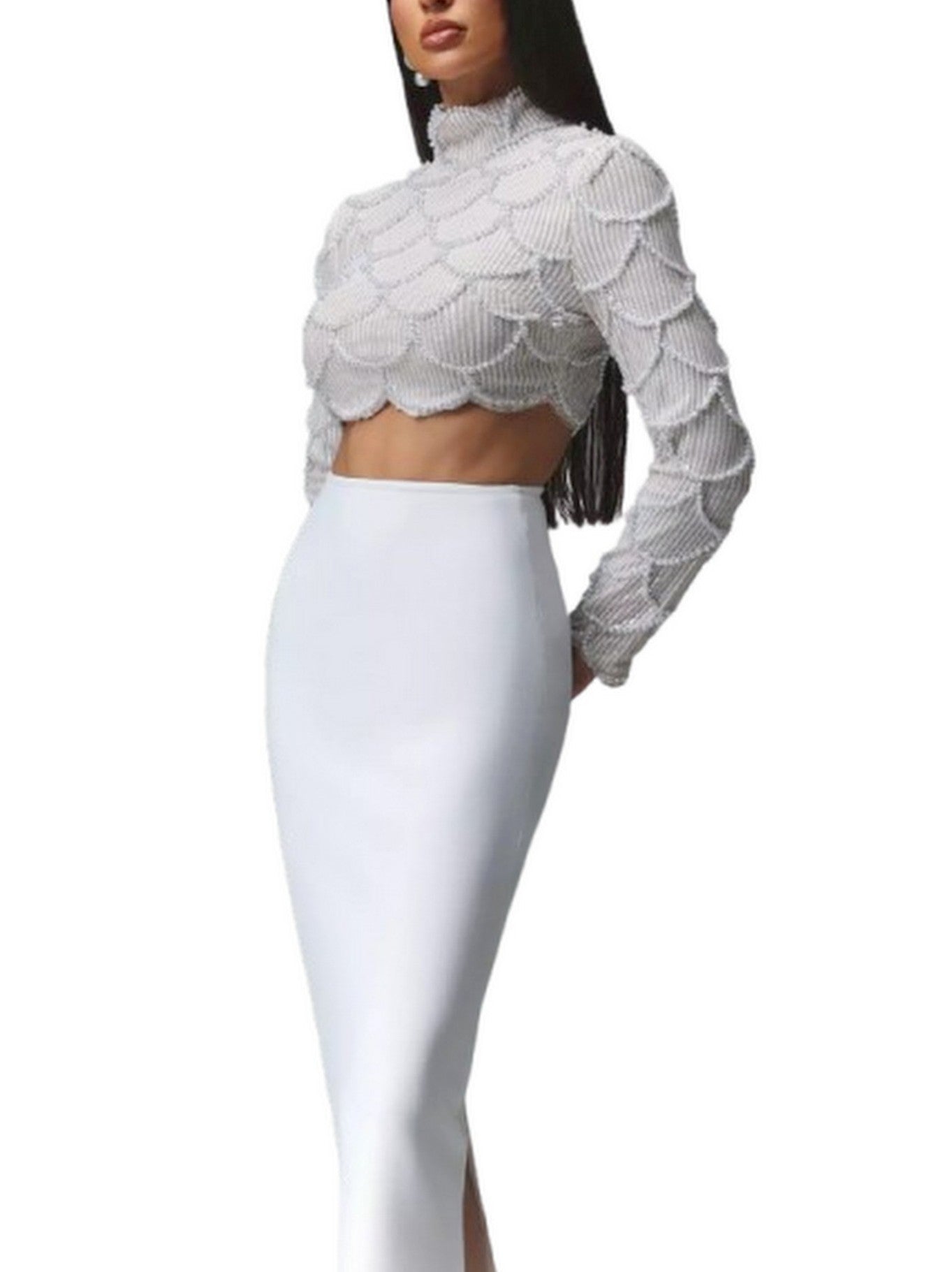 Cropped Embellished Top and Skirt Set in White - Suits & Sets