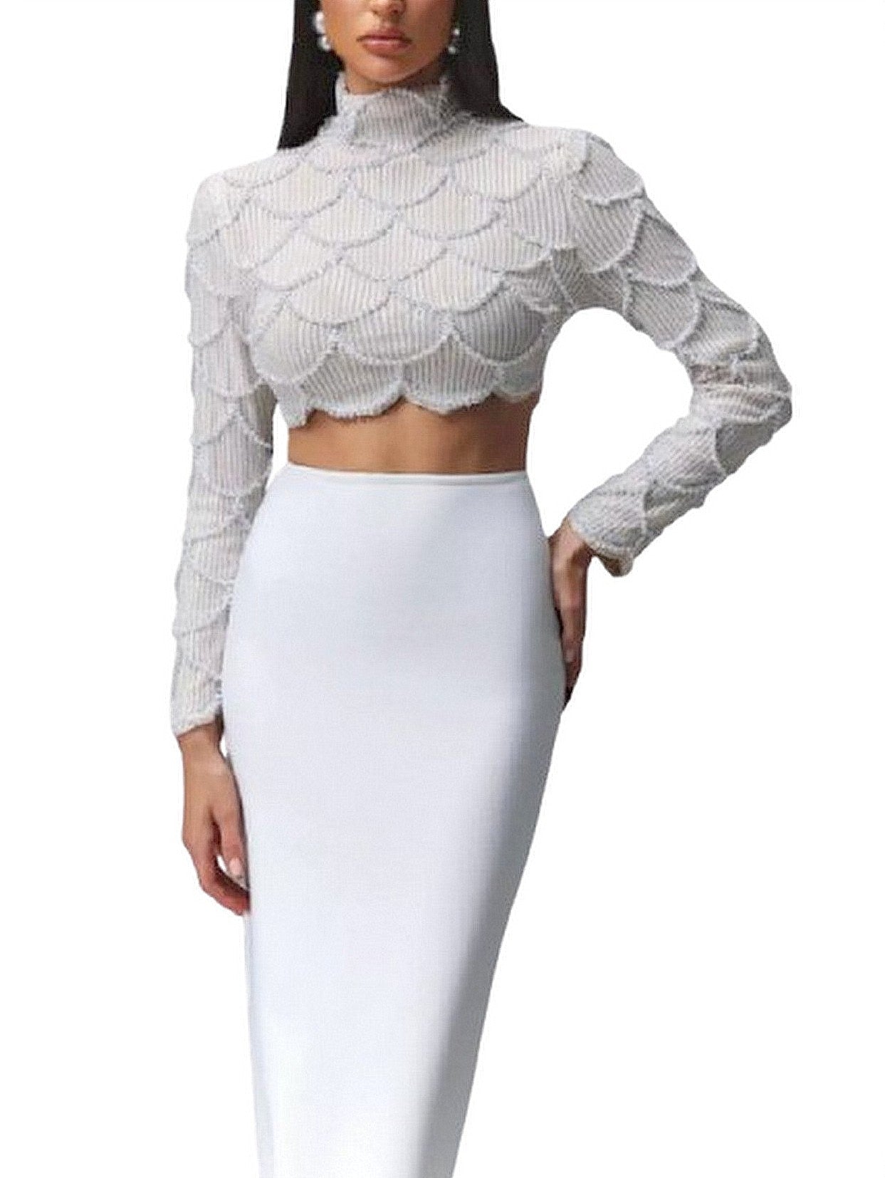 Cropped Embellished Top and Skirt Set in White - Suits & Sets