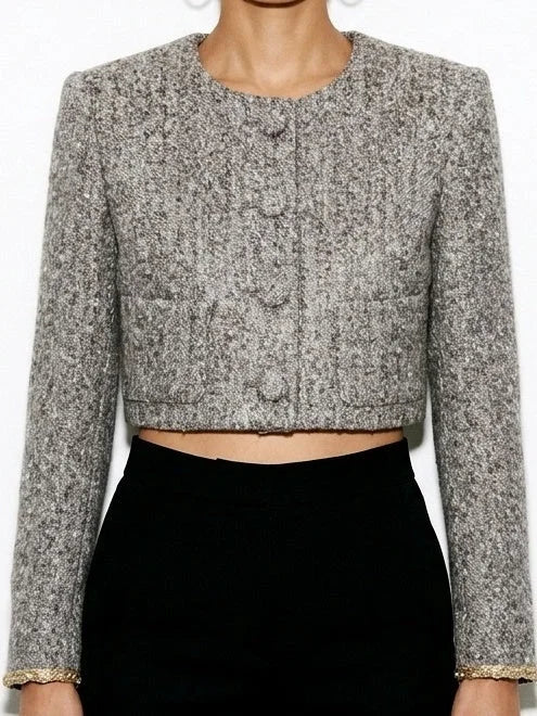 Cropped Grey Bouclé Tweed Jacket with Gold Cuff Trim - Jackets