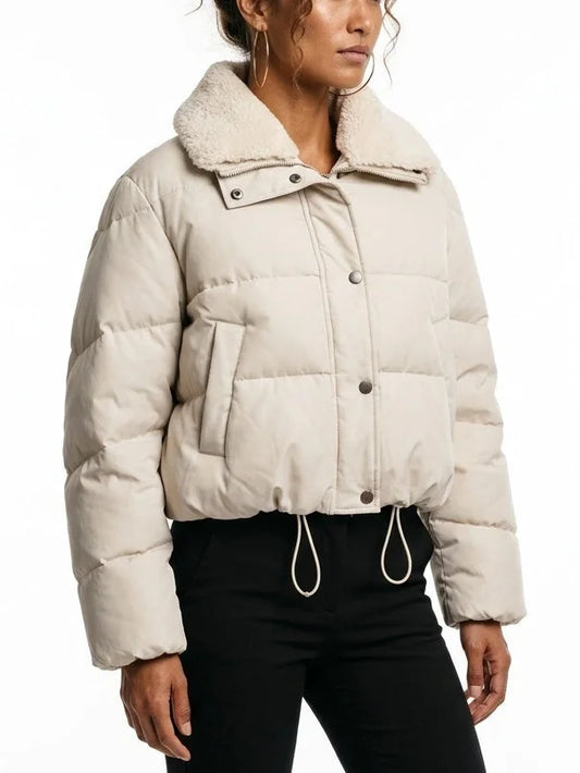 Cropped Puffer Jacket with Shearling Collar and Drawstring Hem - Jackets