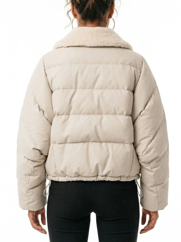Cropped Puffer Jacket with Shearling Collar and Drawstring Hem - Jackets