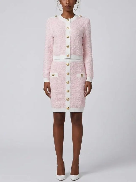 Pink Textured Knit Cardigan and Mini Skirt Set - Suits & Sets