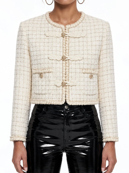 Cropped Tweed Jacket with Braided Trim and Patch Pockets - Jackets