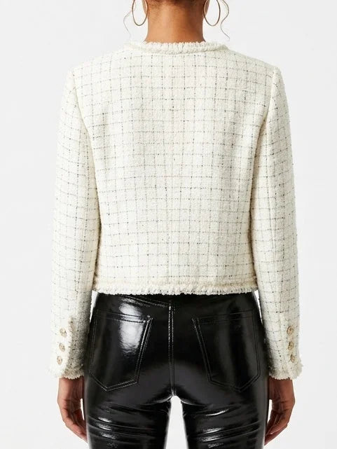 Cropped Tweed Jacket with Braided Trim and Patch Pockets - Jackets