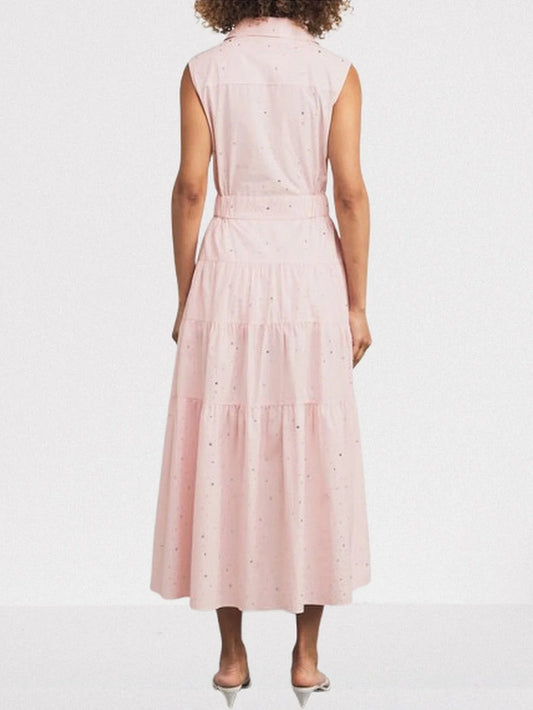 Crystal-Detailed Pink Sleeveless Midi Shirt Dress - Dresses