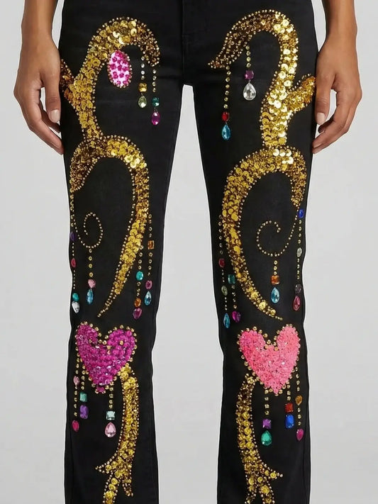 Crystal-Embellished Black Flared Jeans with Studded Belt - Jeans & Pants