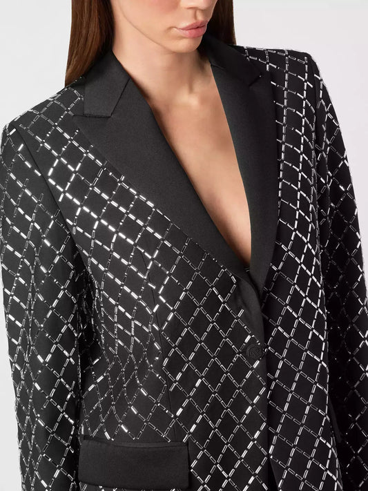 Crystal-Embellished Black Satin-Trim Blazer - Jackets