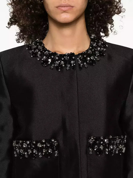 Crystal-Embellished Black Taffeta Jacket - Jackets