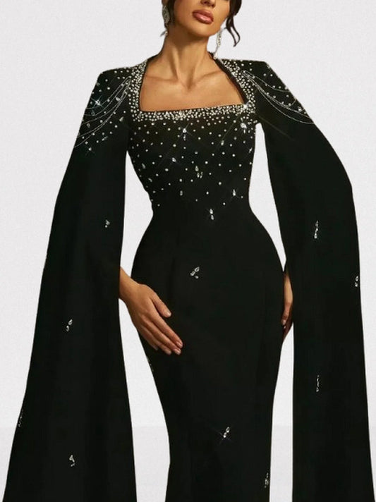 Crystal-Embellished Cape-Sleeve Black Maxi Dress - Dresses