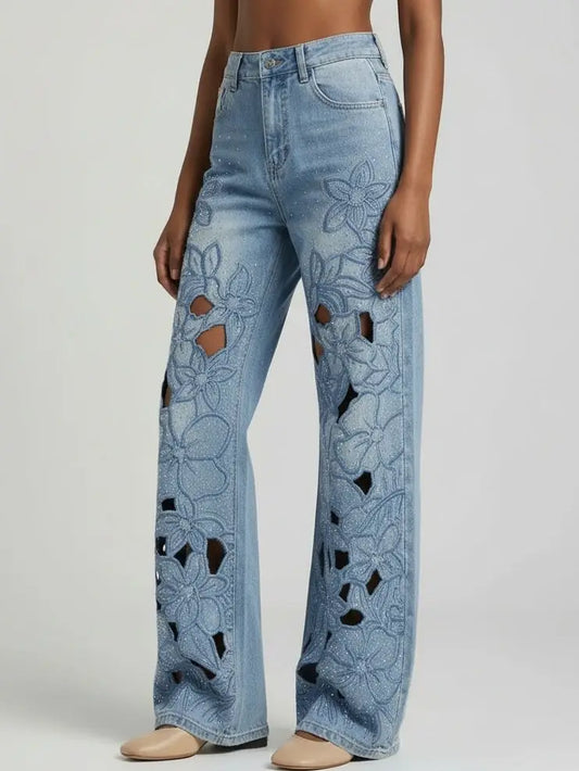 Crystal-Embellished Floral Cut-Out Jeans - Jeans & Pants