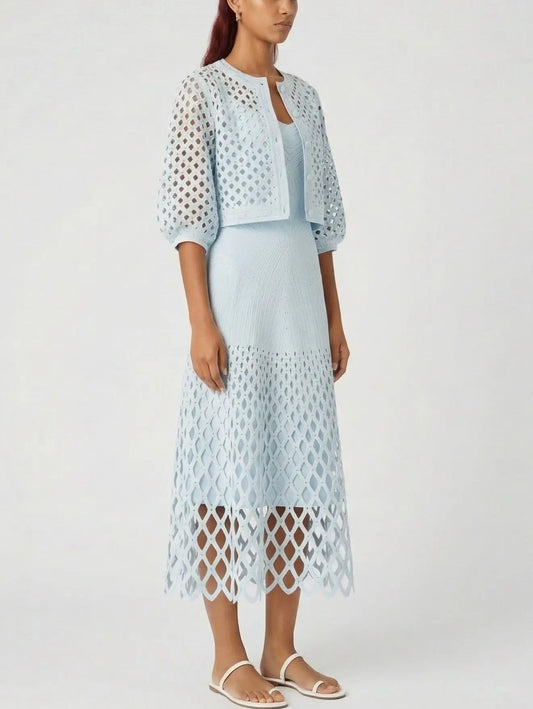 Crystal-Embellished Knit Cardigan and Midi Dress Set - Suits & Sets