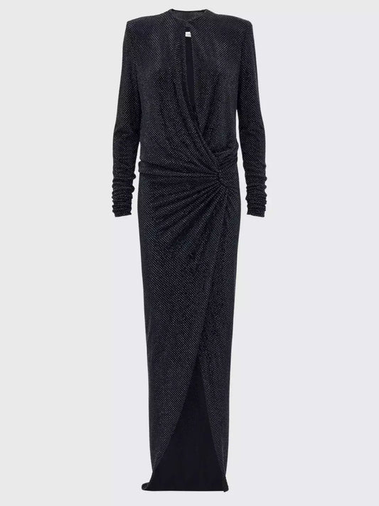 Crystal-Embellished Long Black Gathered Evening Dress - Dresses