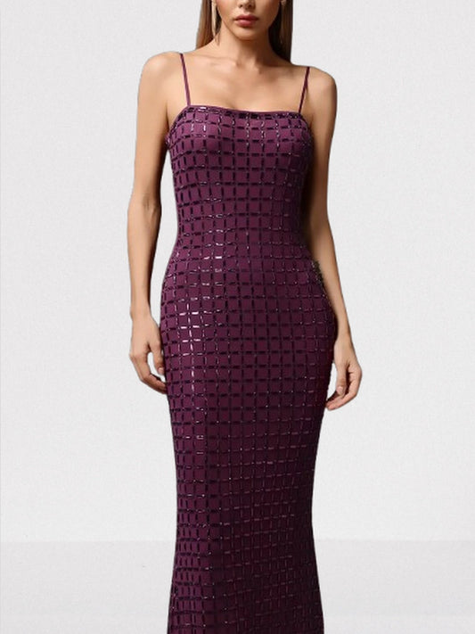 Crystal-Embellished Sleeveless Maxi Dress in Purple - Dresses