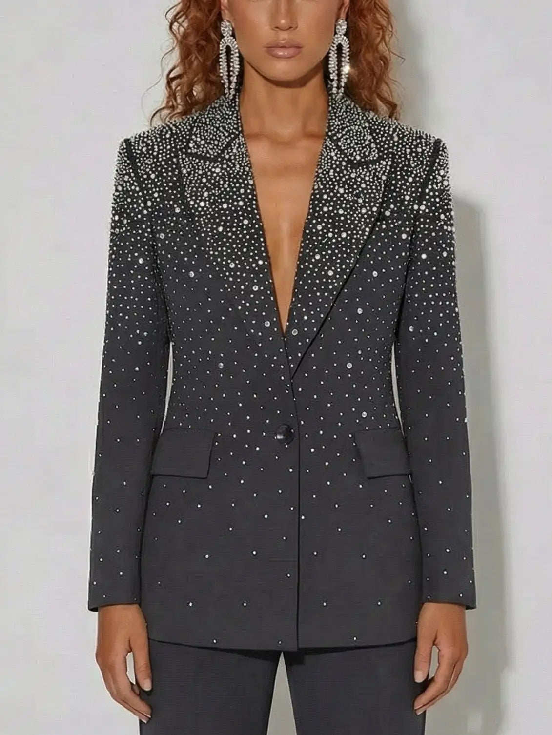 Crystal-Embellished Wool-Blend Tailored Blazer - Small / Dark Gray - Jackets