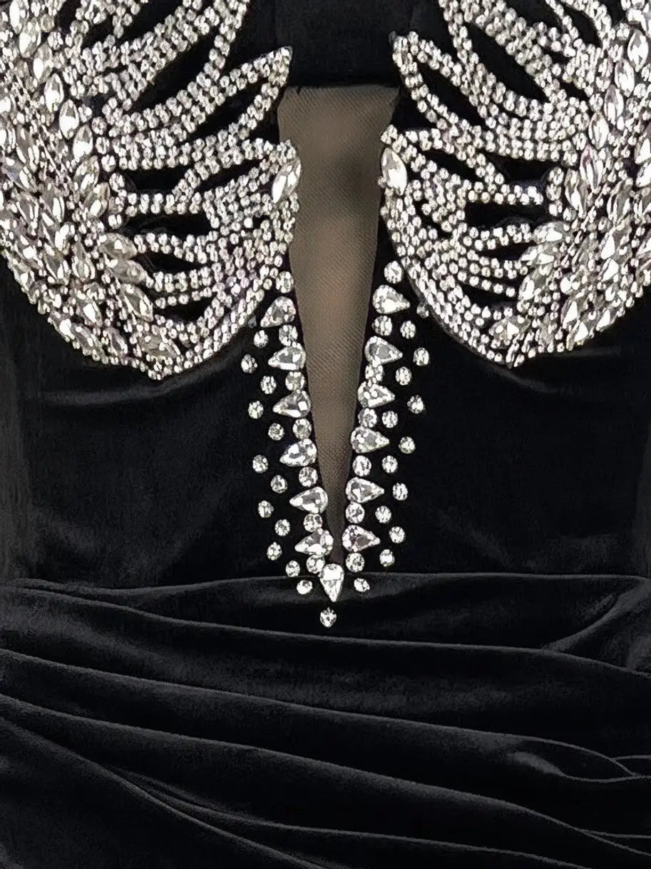 Crystal-Wing Off-Shoulder Black Velvet Gown - Dresses