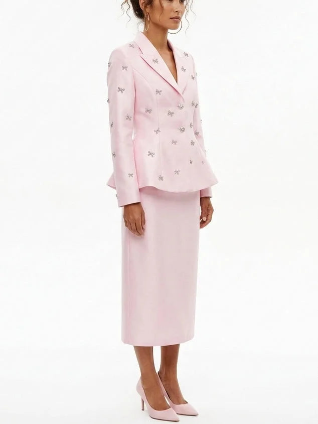 Crystal Bow Embellished Blazer and Skirt Set - Suits & Sets
