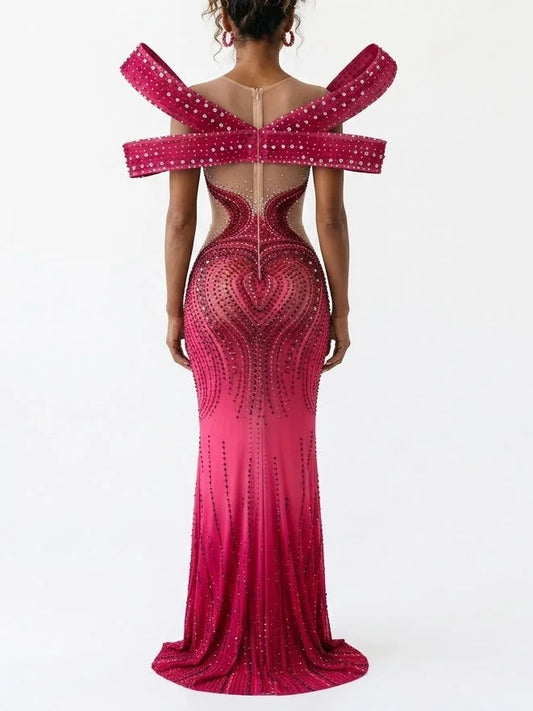 Crystal Embellished Gown with Sculptural Sleeves - Dresses