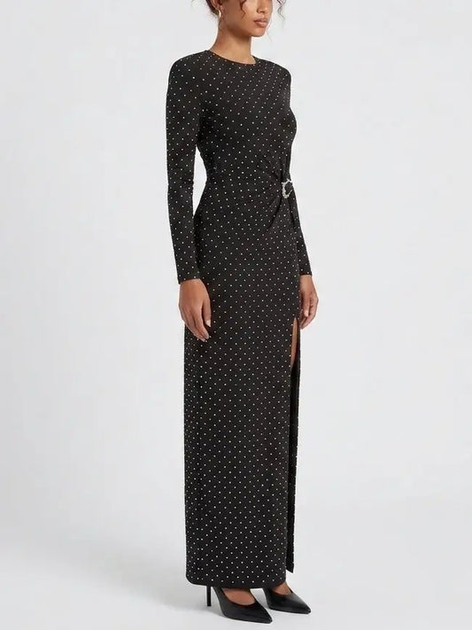 Crystal Embellished Long Sleeve Black Maxi Dress - Dresses
