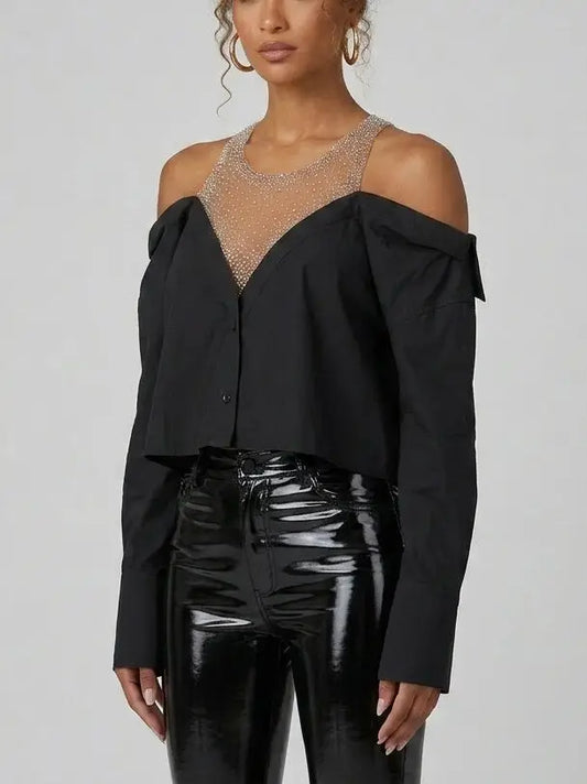 Crystal Embellished Off-Shoulder Black Shirt - Dresses