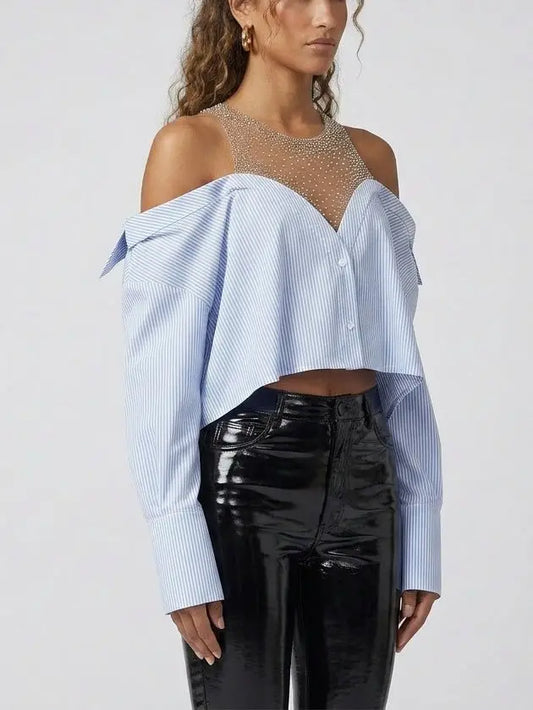 Crystal Embellished Off-Shoulder Striped Shirt - Tops