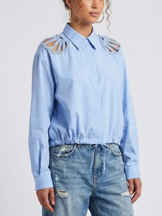 Crystal Embellished Cut-Out White Blouse - Tops