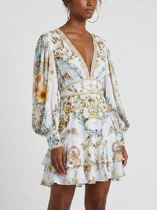 Crystal Trim Floral Silk Mini Dress with Tiered Hem - Dresses