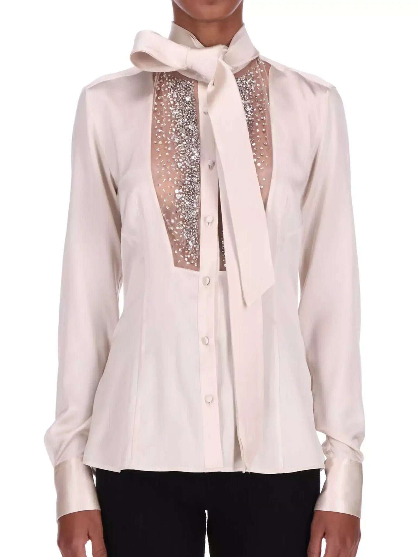 Crystal and Sequin Embellished Silk Tie-Neck Blouse - Tops