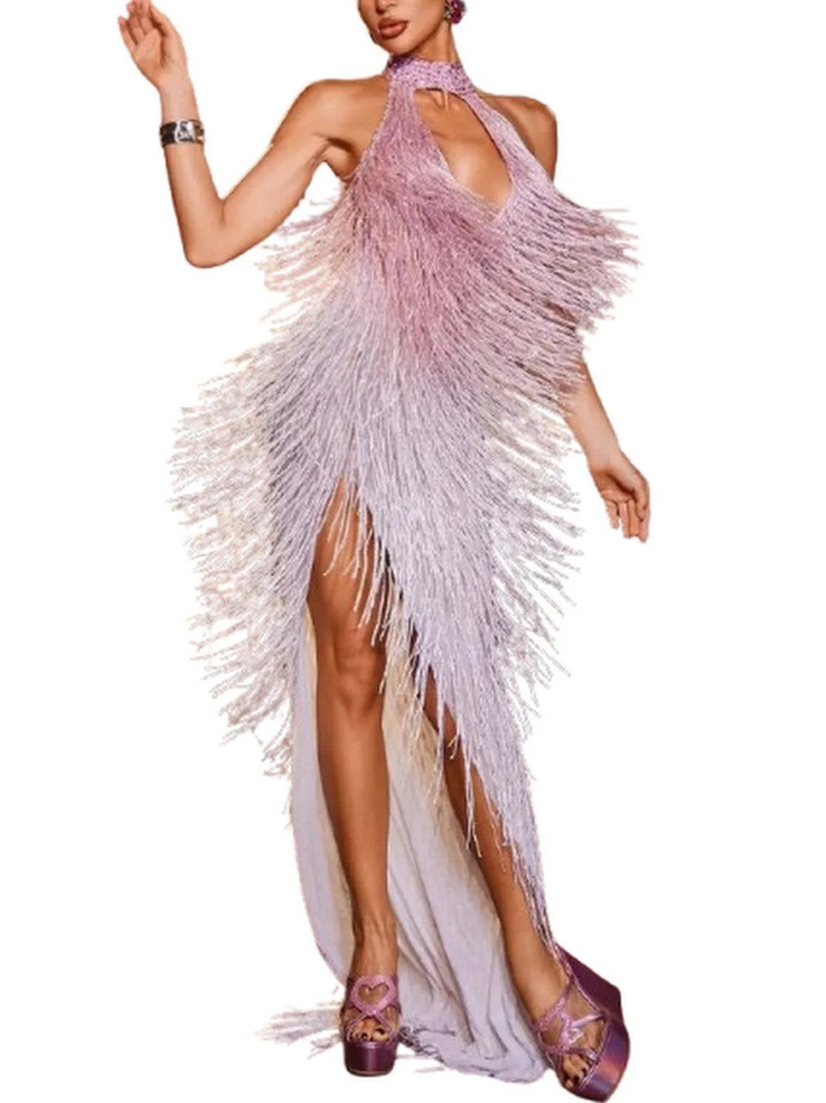 Cut-Out Fringed Halter-Neck Gown in Pink and White - S - Dresses